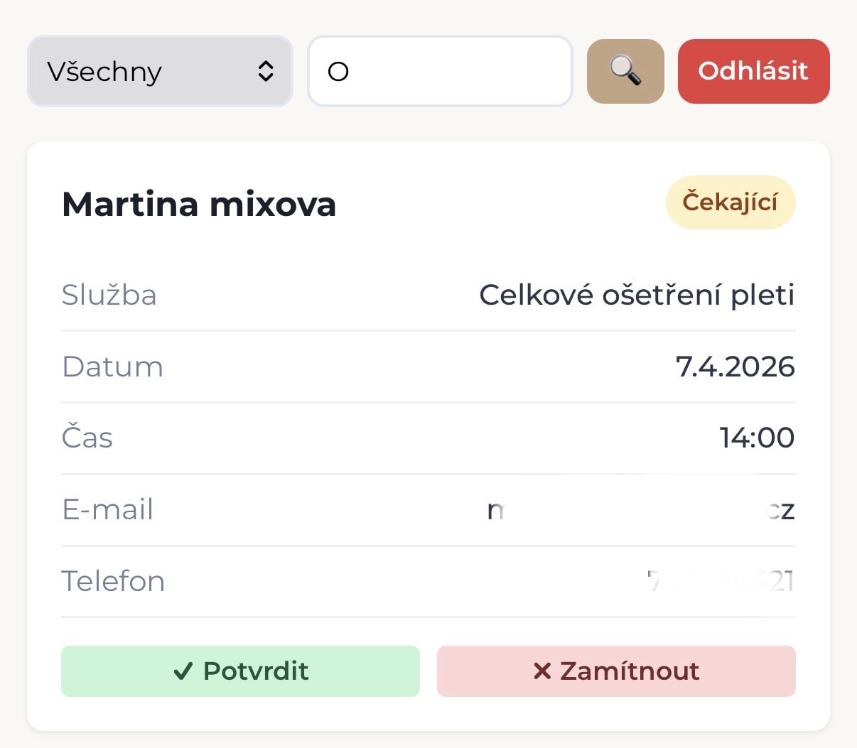 Karta nové žádosti o rezervaci v administraci
